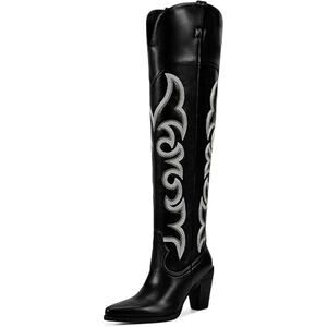 Isnom Womens Size 9 Black White Embroidered Thigh High 3.5" Heel Cowboy Boots